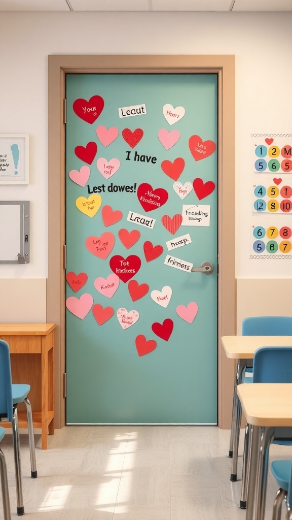 A classroom door decorated with colorful hearts and messages about friendship and kindness.