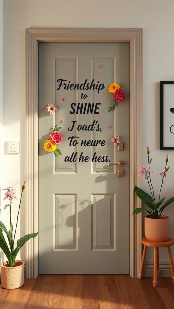 A classroom door decorated with flowers and the phrase 'Friendship to SHINE'.