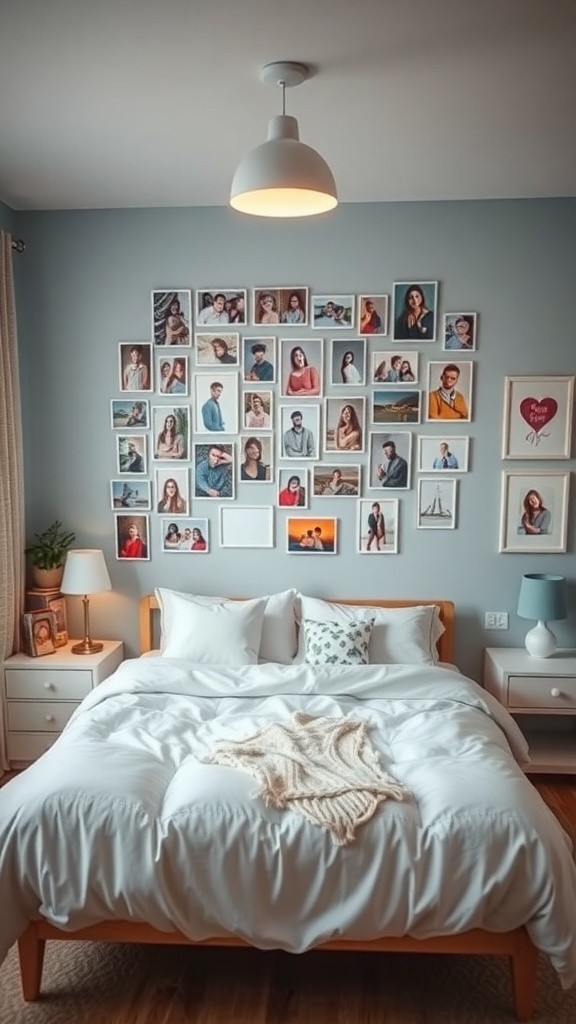 A cozy pre-teen bedroom featuring a friendship wall with framed photos of friends, a neatly made bed, and warm lighting.