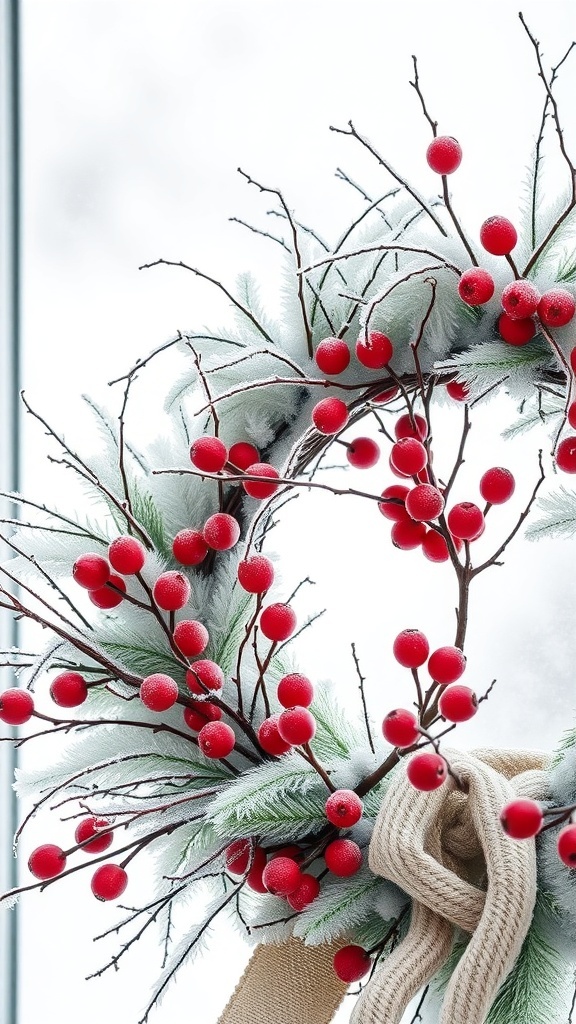 A frosted berry and branch wreath featuring red berries, frosty greenery, and a burlap bow.
