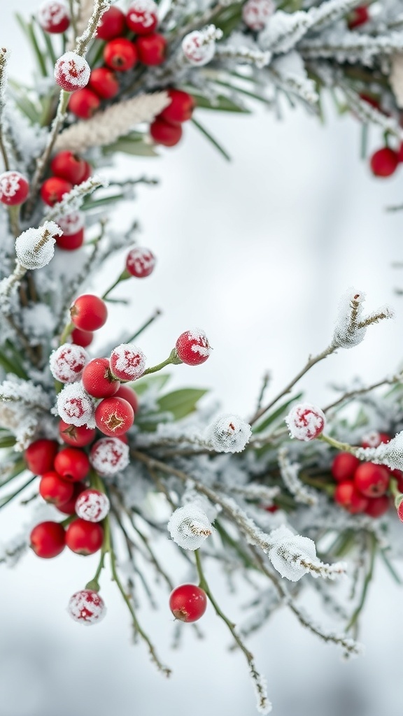A close-up of a winter wreath featuring frosted red berries and greenery.