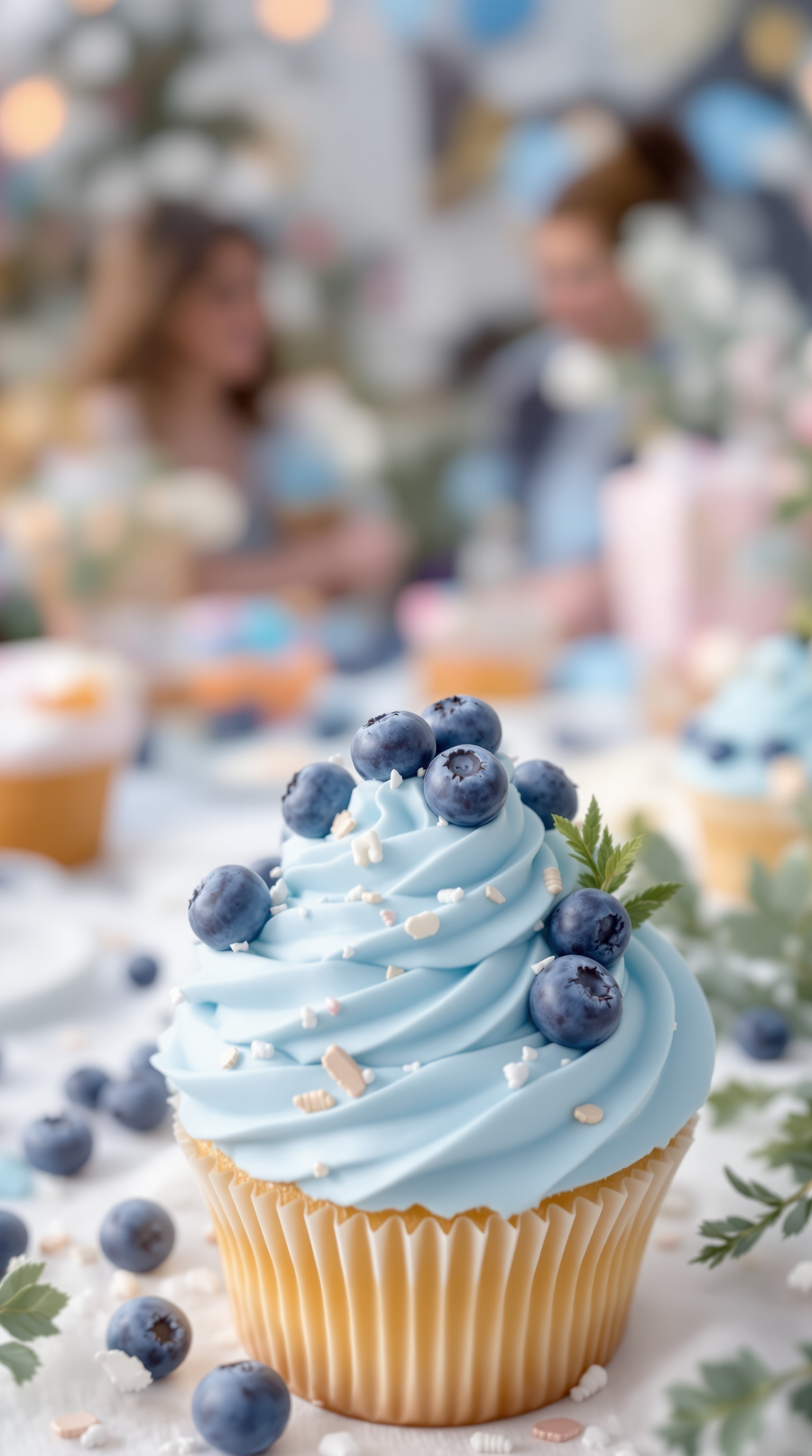 A beautifully frosted blueberry cupcake with blue icing and fresh blueberries on top, surrounded by more cupcakes and a festive setting.