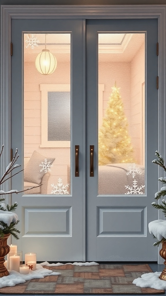 A winter front door with frosted glass panels featuring snowflake designs, a glowing Christmas tree inside, and candles on the snowy porch.