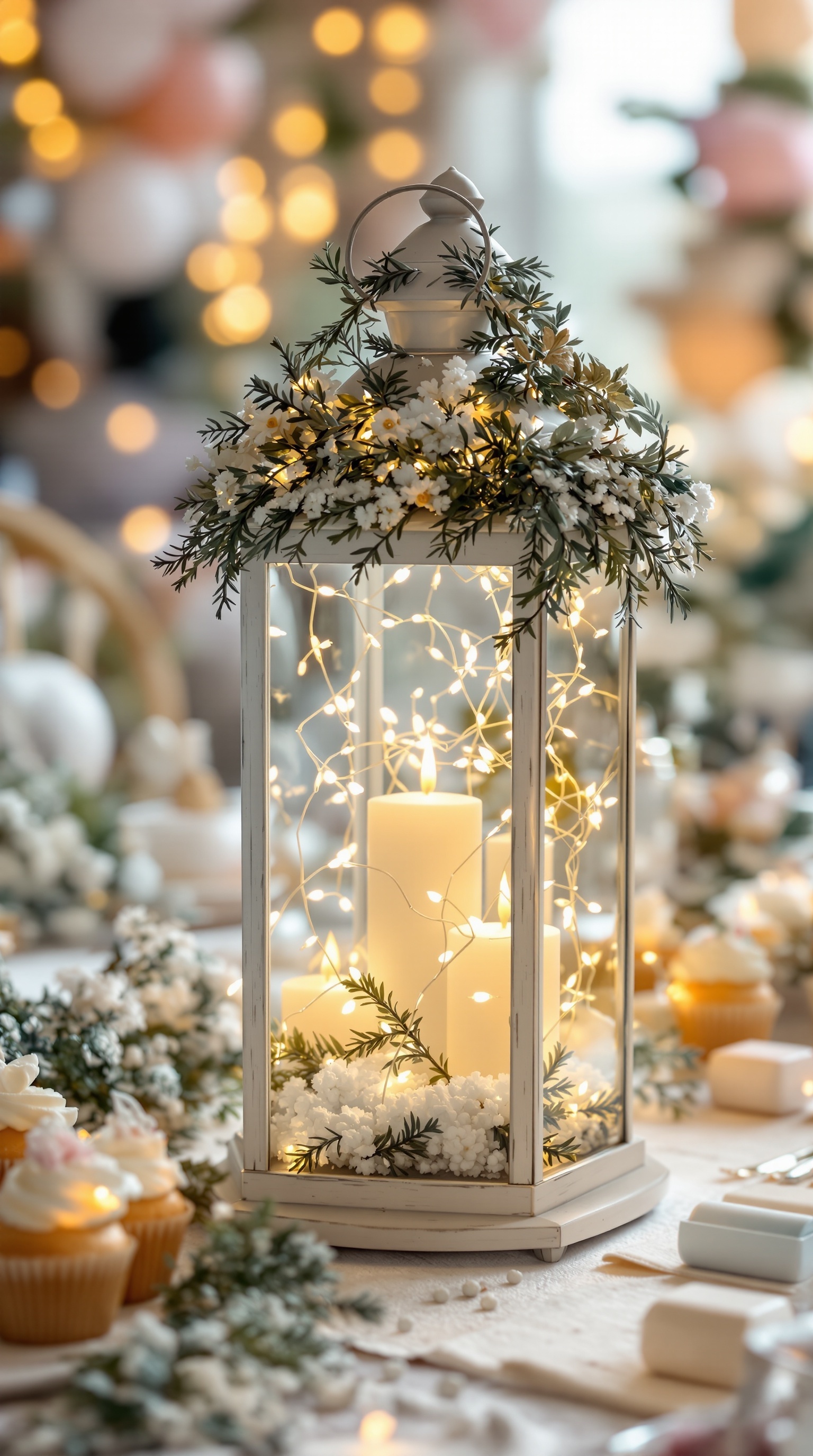 A beautifully decorated frosted lantern centerpiece with candles and greenery, set on a table for a winter baby shower.