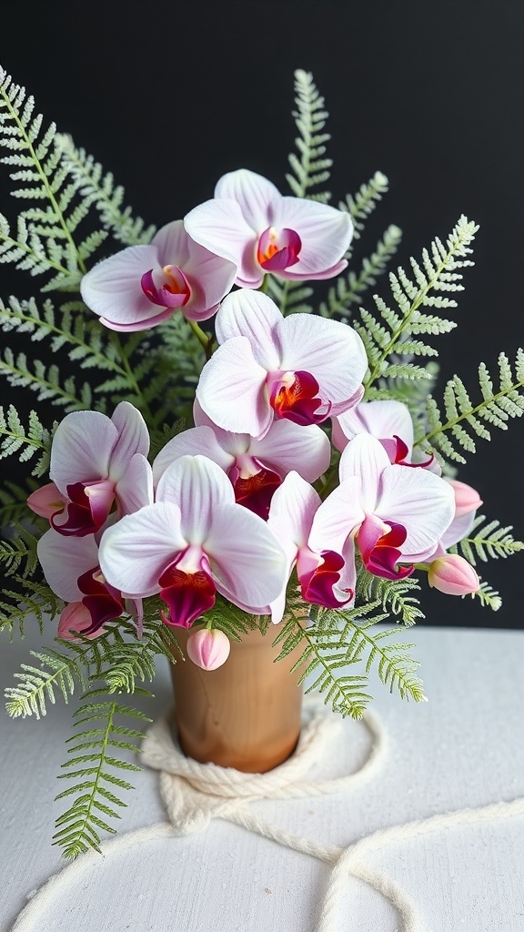 A beautiful arrangement of pink orchids and green ferns in a rustic pot.