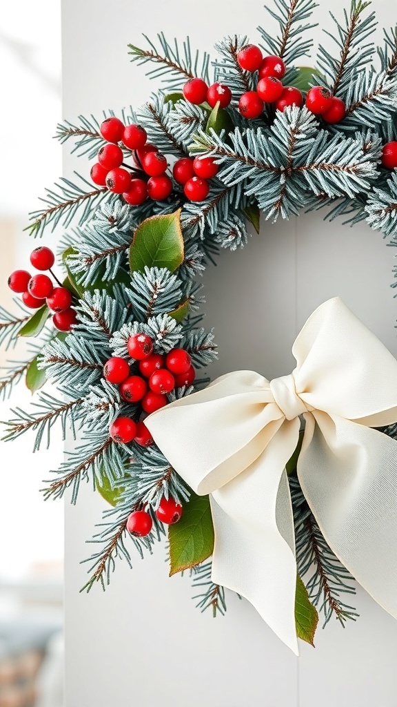A frosted pine wreath adorned with red berries and a white bow, perfect for winter decor.