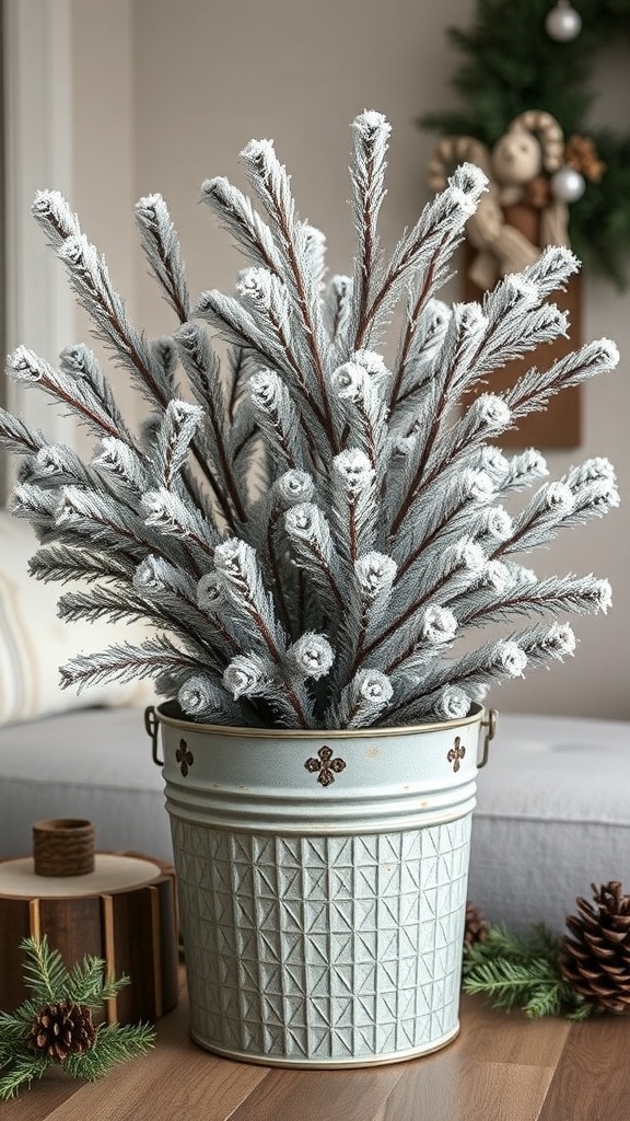 A frosted pine branch arrangement in a vintage blue bucket, surrounded by pine cones and natural decor.
