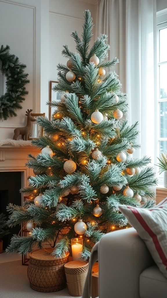 A beautifully decorated Christmas tree with frosted pine branches, warm lights, and elegant ornaments.
