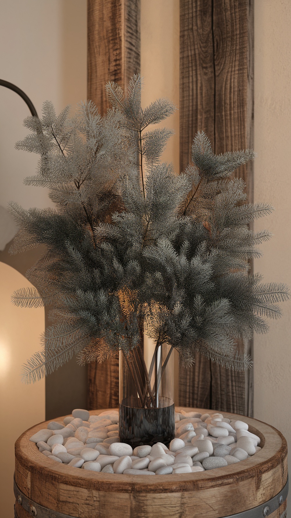 Frosted pine branches in a glass vase on a wooden barrel with smooth stones