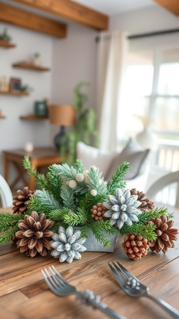 A cozy arrangement of frosted pine cones and greenery on a wooden table, set for a festive meal.