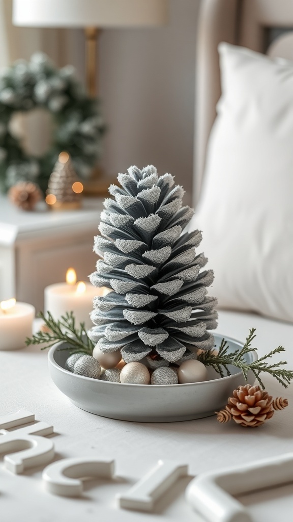 A frosted pinecone centerpiece with ornaments and greenery on a table