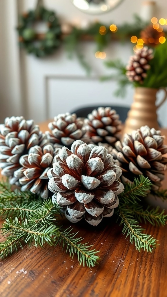 A collection of frosted pinecones arranged with evergreen branches on a wooden table.