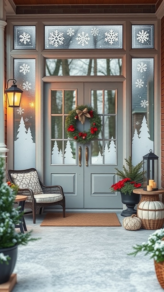 A winter porch with frosted window accents, featuring snowflake designs, a festive wreath, and warm lantern light.