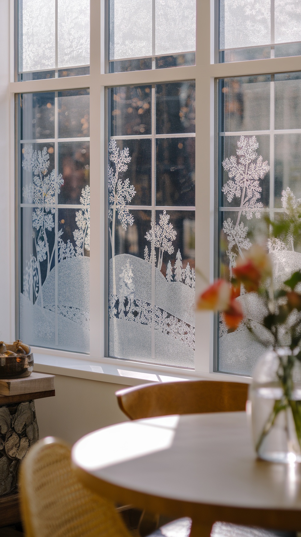 Frosted window design featuring snowflakes and trees, with a cozy interior setting