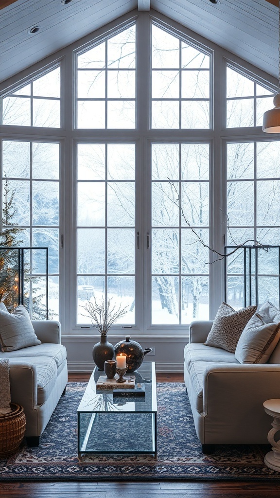 Cozy living room with large frosted windows overlooking a snowy landscape