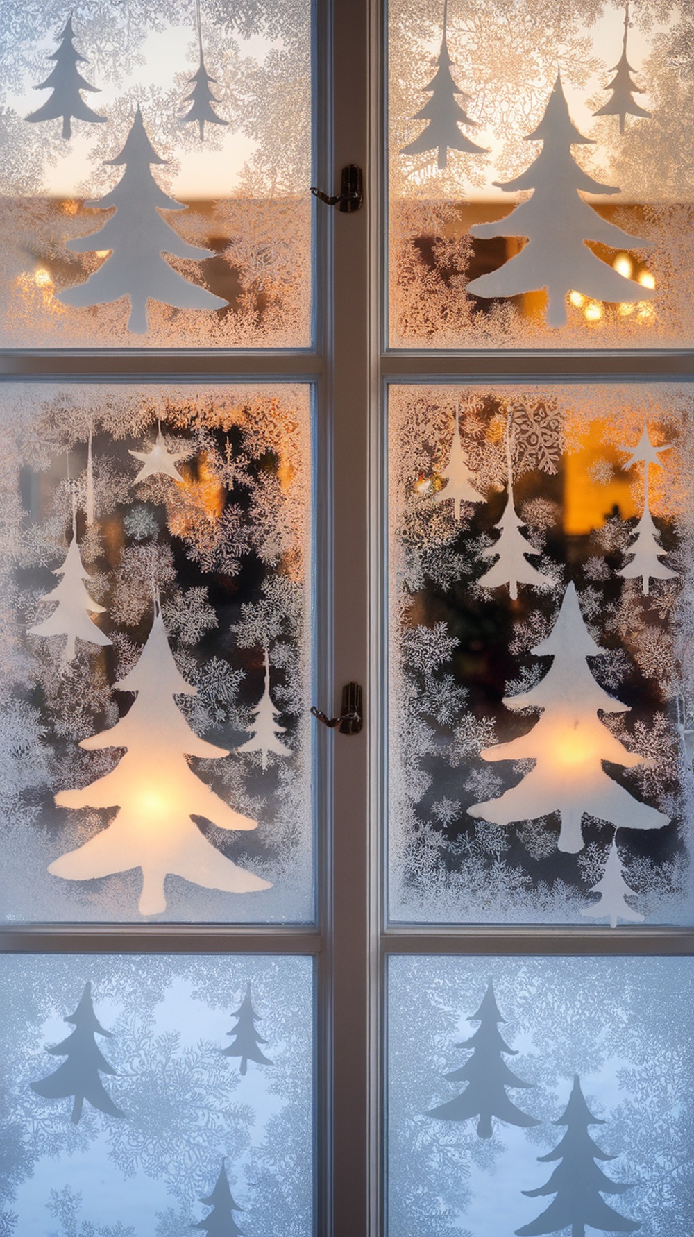 Frosted window with Christmas tree and snowflake silhouettes