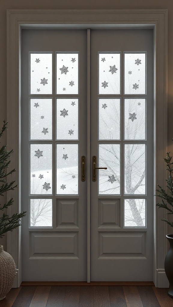 Double doors with frosted windowpanes featuring snowflake designs.