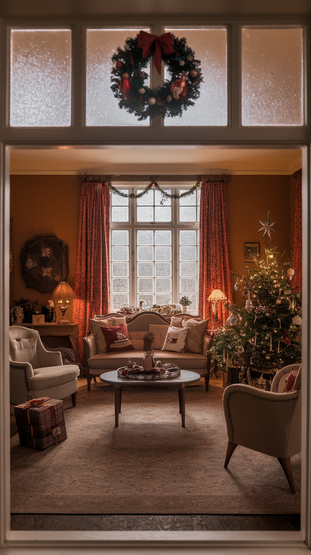 A cozy living room with frosted windowpanes, a Christmas wreath, and a beautifully decorated tree.