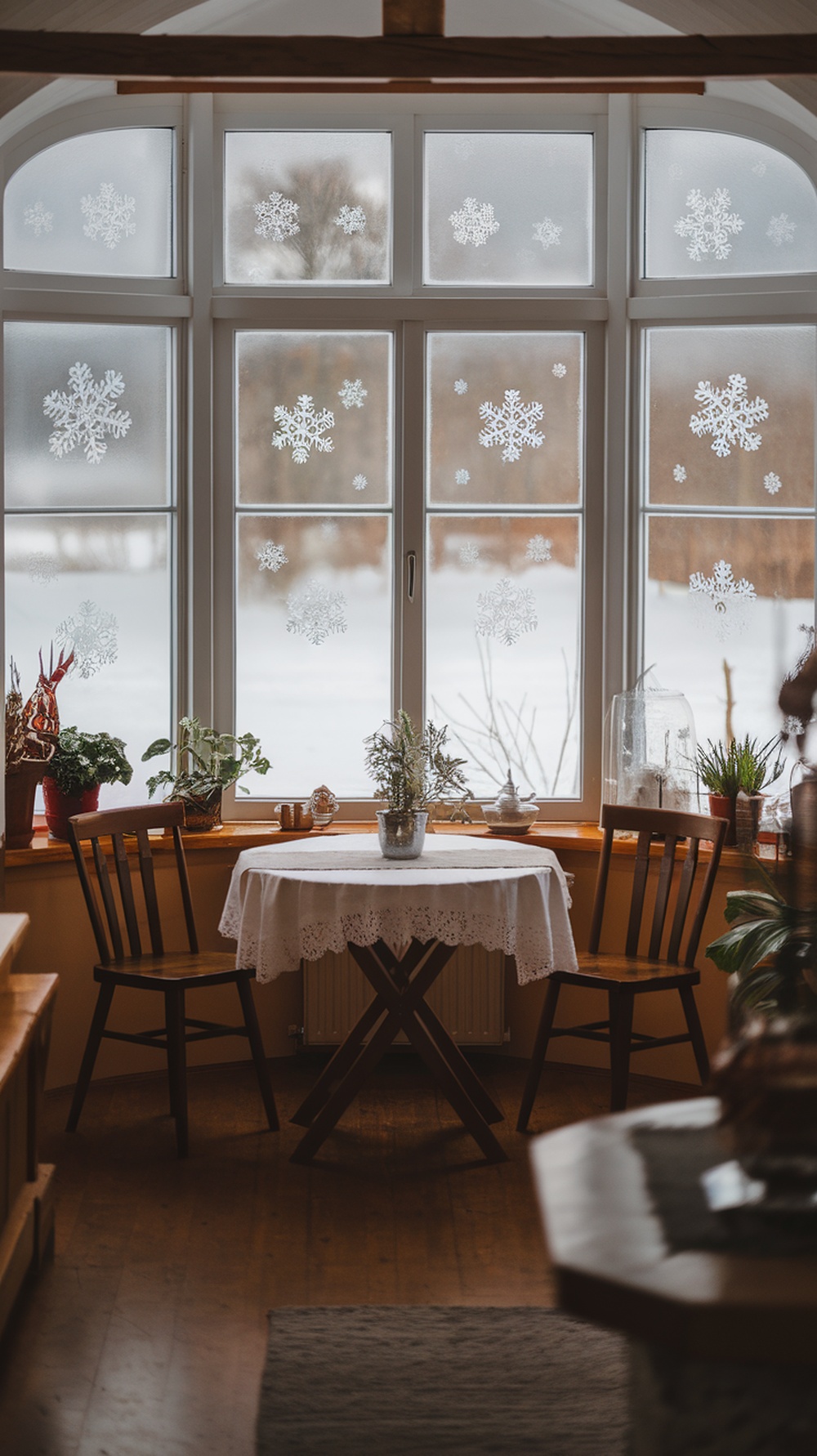 Frosted windowpanes with snowflake designs in a cozy farmhouse setting