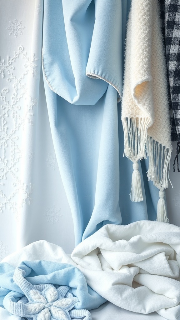 A collection of light blue and white fabrics, showcasing a frosty color palette for winter weddings.
