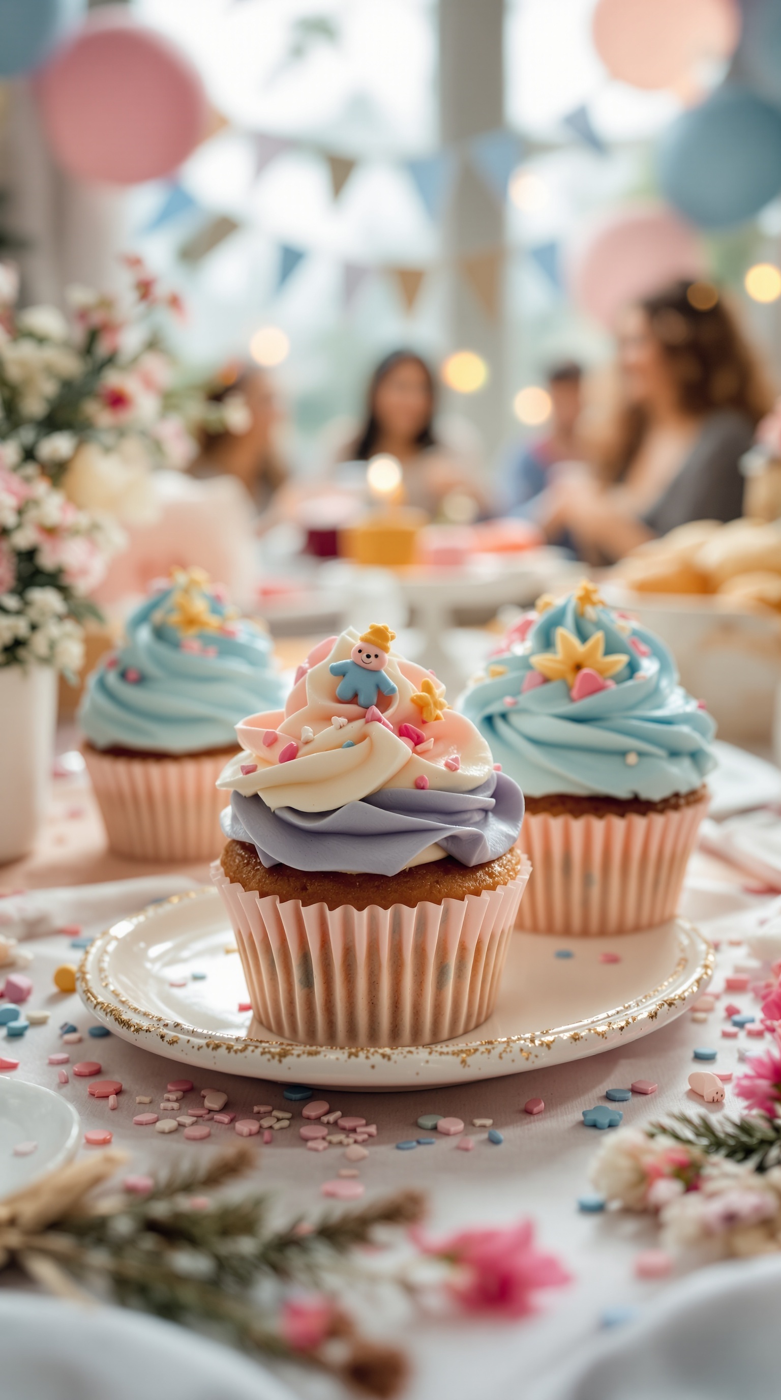Colorful cupcakes with swirled frosting and festive decorations at a winter gender reveal party.