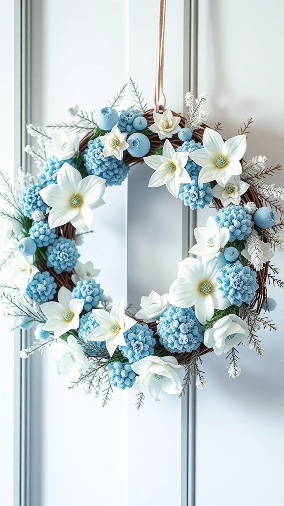 A winter wreath featuring blue and white flowers, pom-poms, and twigs, hanging on a wall.