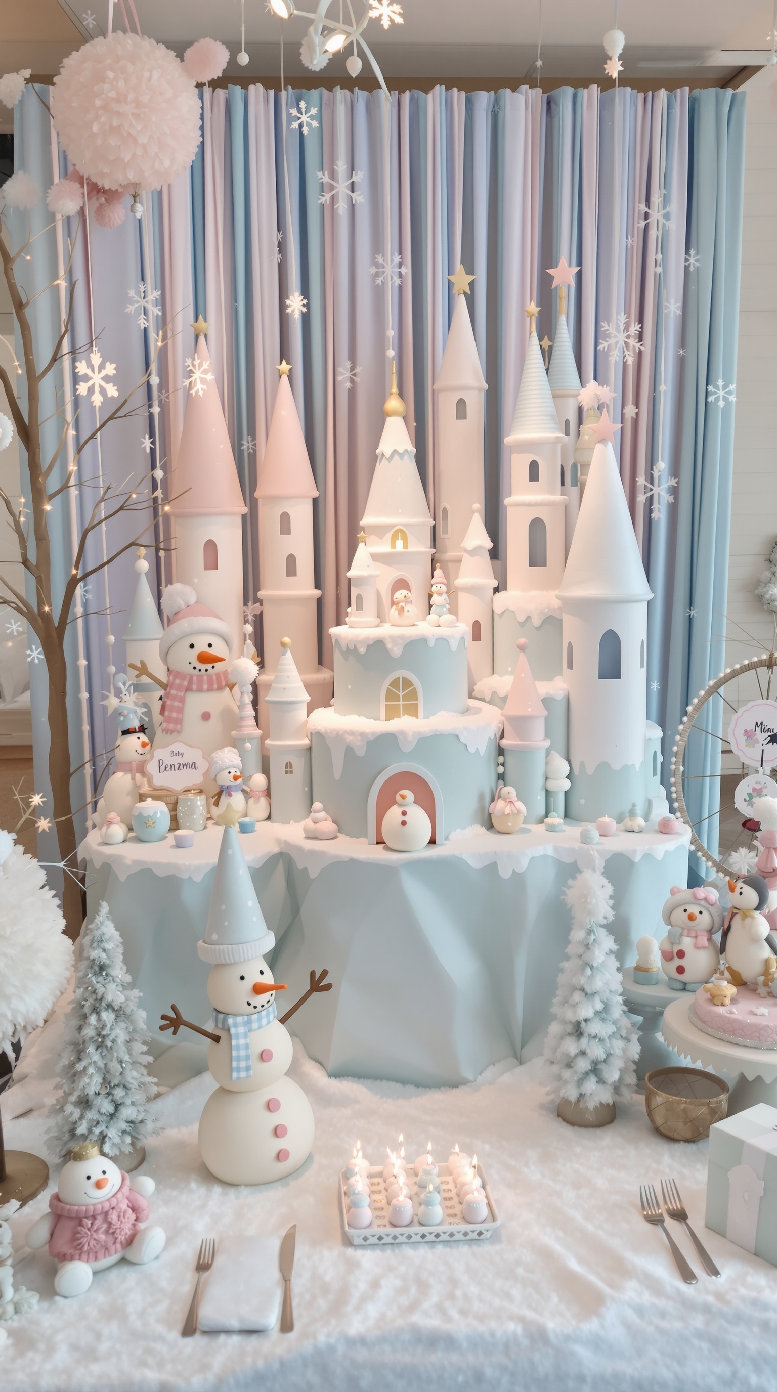 A cozy winter-themed baby shower setup with snowy decor and woodland elements.