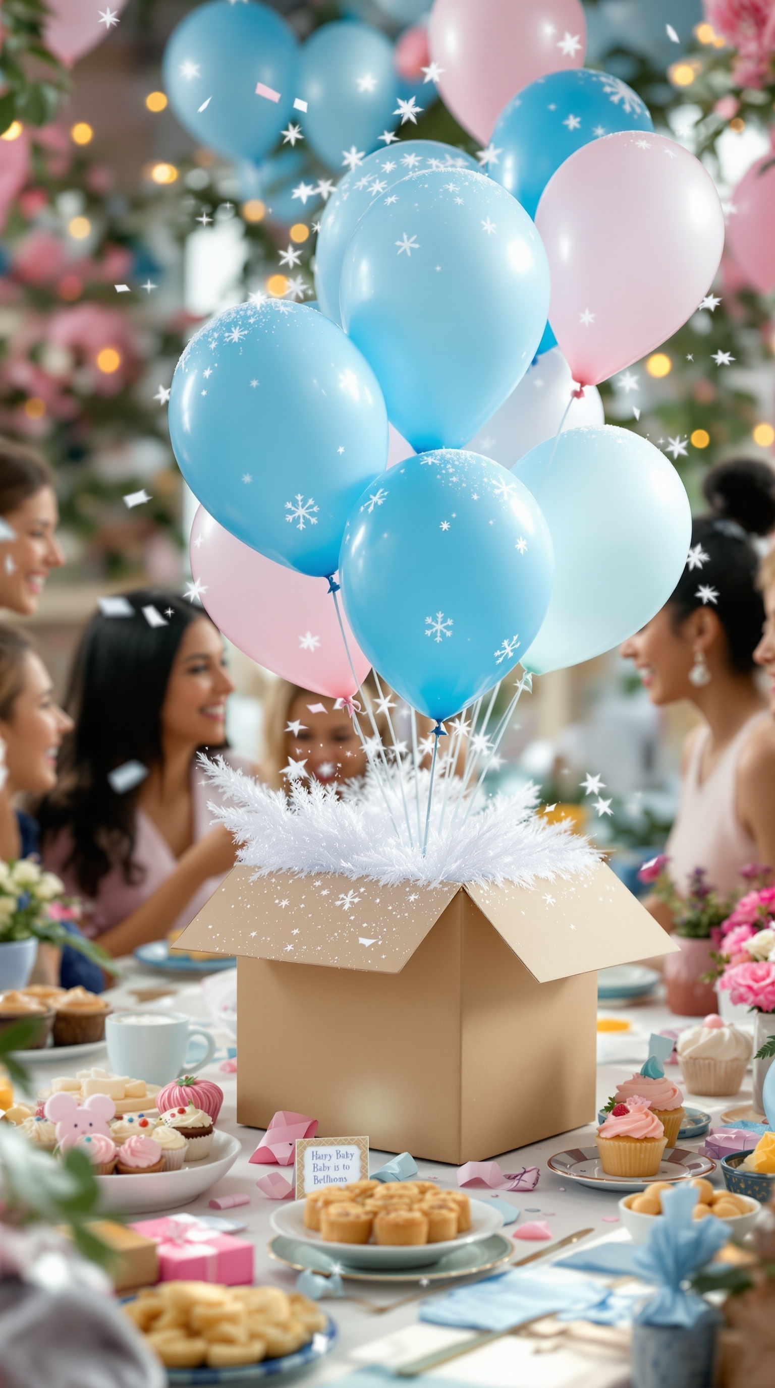 A gender reveal box surrounded by balloons and treats at a winter-themed party.