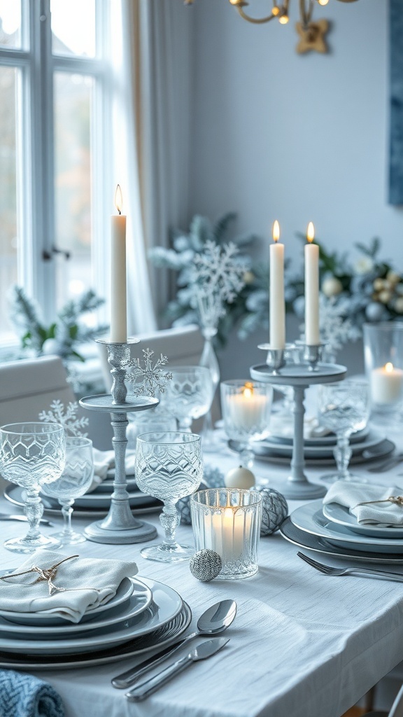 A winter-themed table setting featuring frosty glassware, candles, and decorative elements.