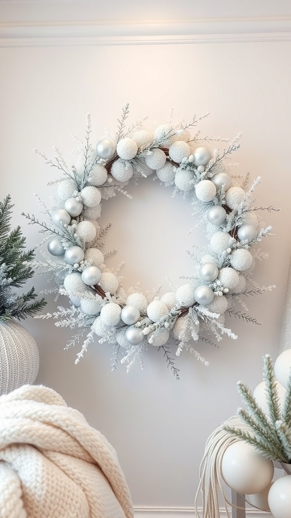 A frosty white and silver wreath with fluffy white balls and shiny silver baubles, decorated with delicate branches.