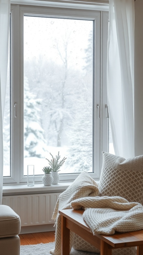 A cozy winter scene viewed through a frosty window, featuring snow-covered trees and a comfortable indoor setting.