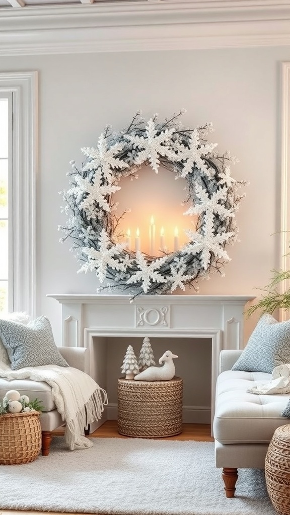 A winter wreath with snowflakes above a fireplace, creating a cozy winter atmosphere.