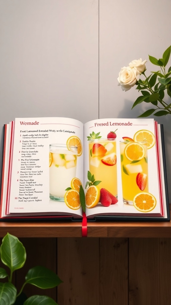 Open recipe book showing fruit-infused lemonade recipes with fresh fruit decorations.