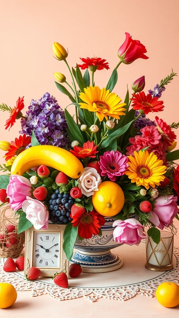 A colorful centerpiece featuring bright flowers and fresh fruits, including strawberries, lemons, and a banana, arranged in a decorative vase.