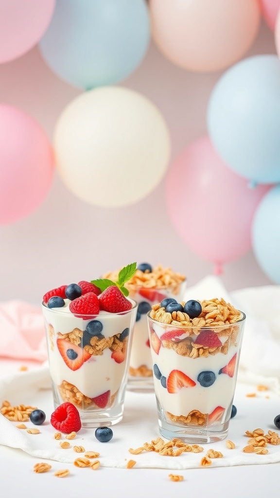 Colorful fruit and yogurt parfaits in clear glasses with balloons in the background