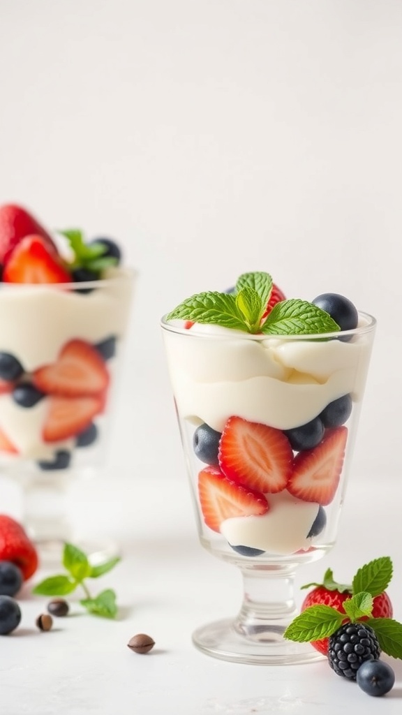 Delicious fruit and yogurt parfaits with layers of yogurt, strawberries, blueberries, and mint leaves.