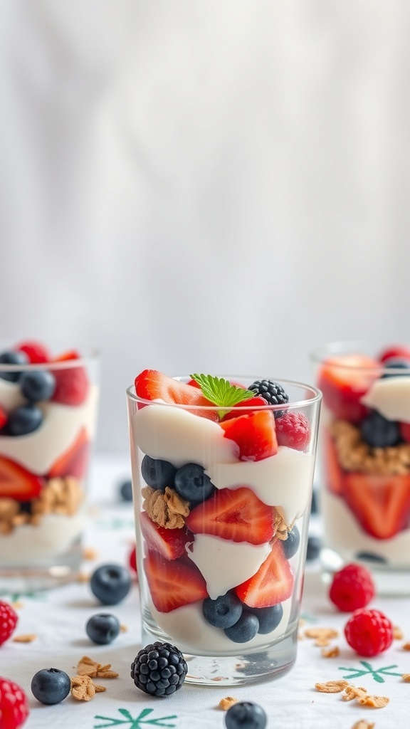 Three layers of yogurt, strawberries, blueberries, and granola in clear cups, surrounded by fresh raspberries and blackberries.