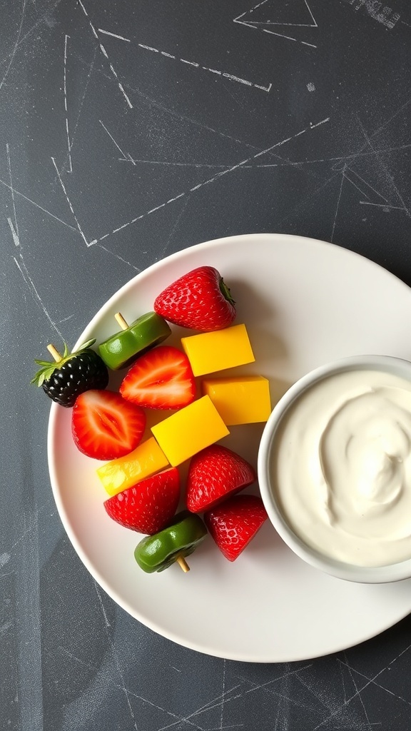 Colorful fruit skewers consisting of strawberries, blackberries, cheddar cheese, and green bell pepper, served with a creamy yogurt dip.