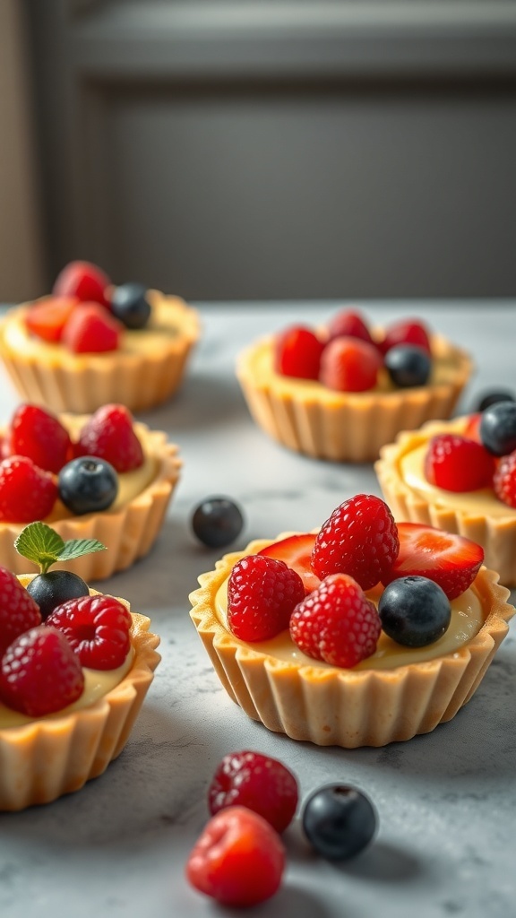 Colorful fruit tartlets with cream, topped with raspberries, strawberries, and blueberries