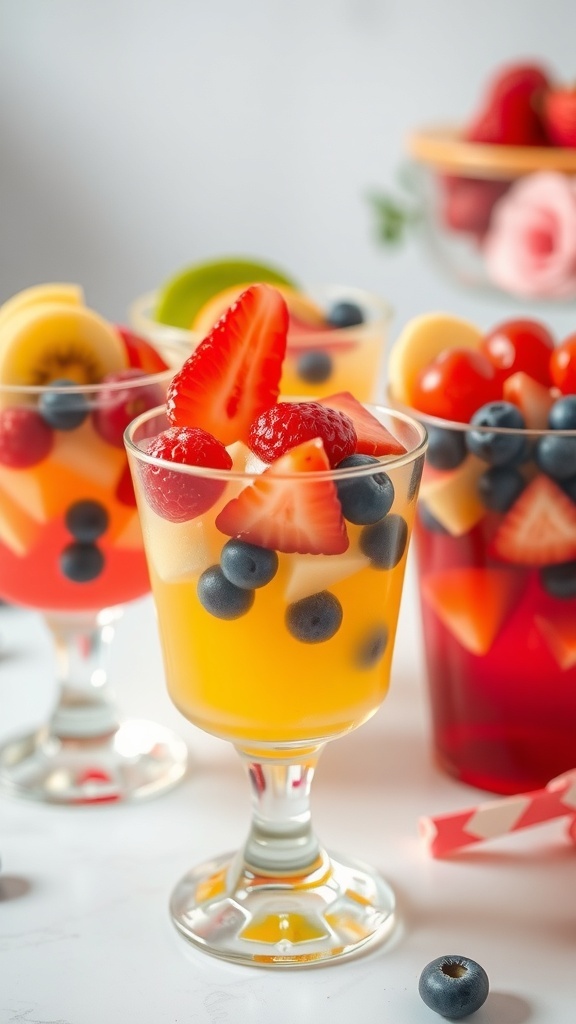Colorful fruity gelatin cups with strawberries, blueberries, and kiwis.