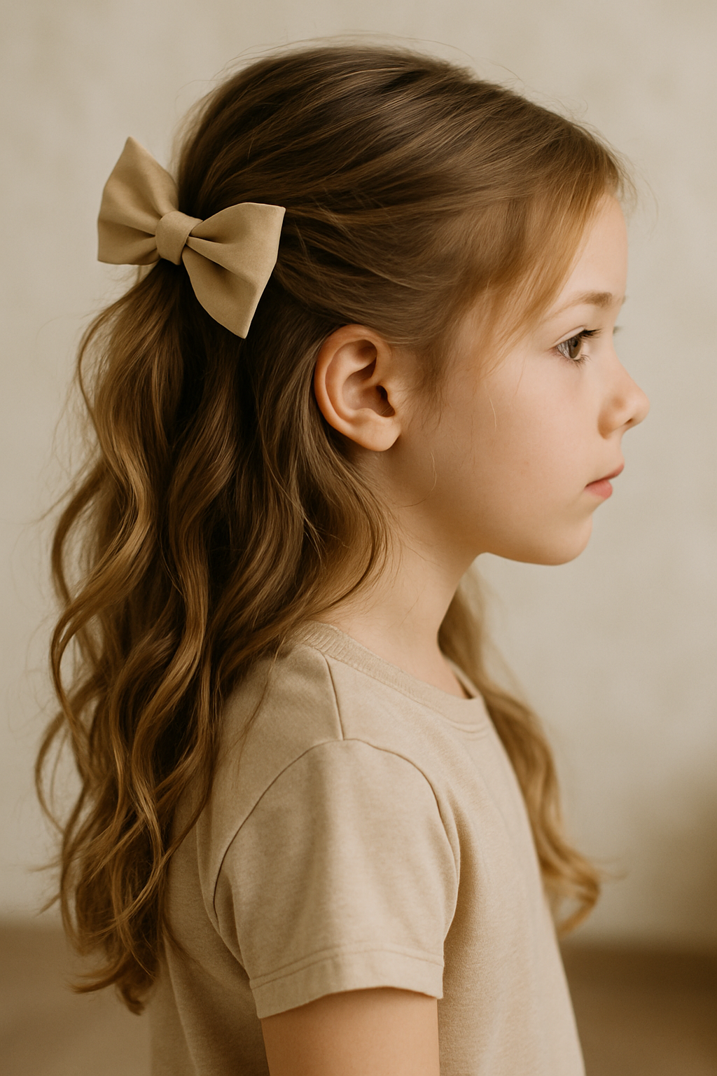 A girl with loose waves and a bow in her hair, showcasing a fun birthday hairstyle.