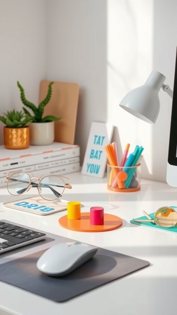 A bright and organized desk with colorful accessories, a lamp, plants, and books.