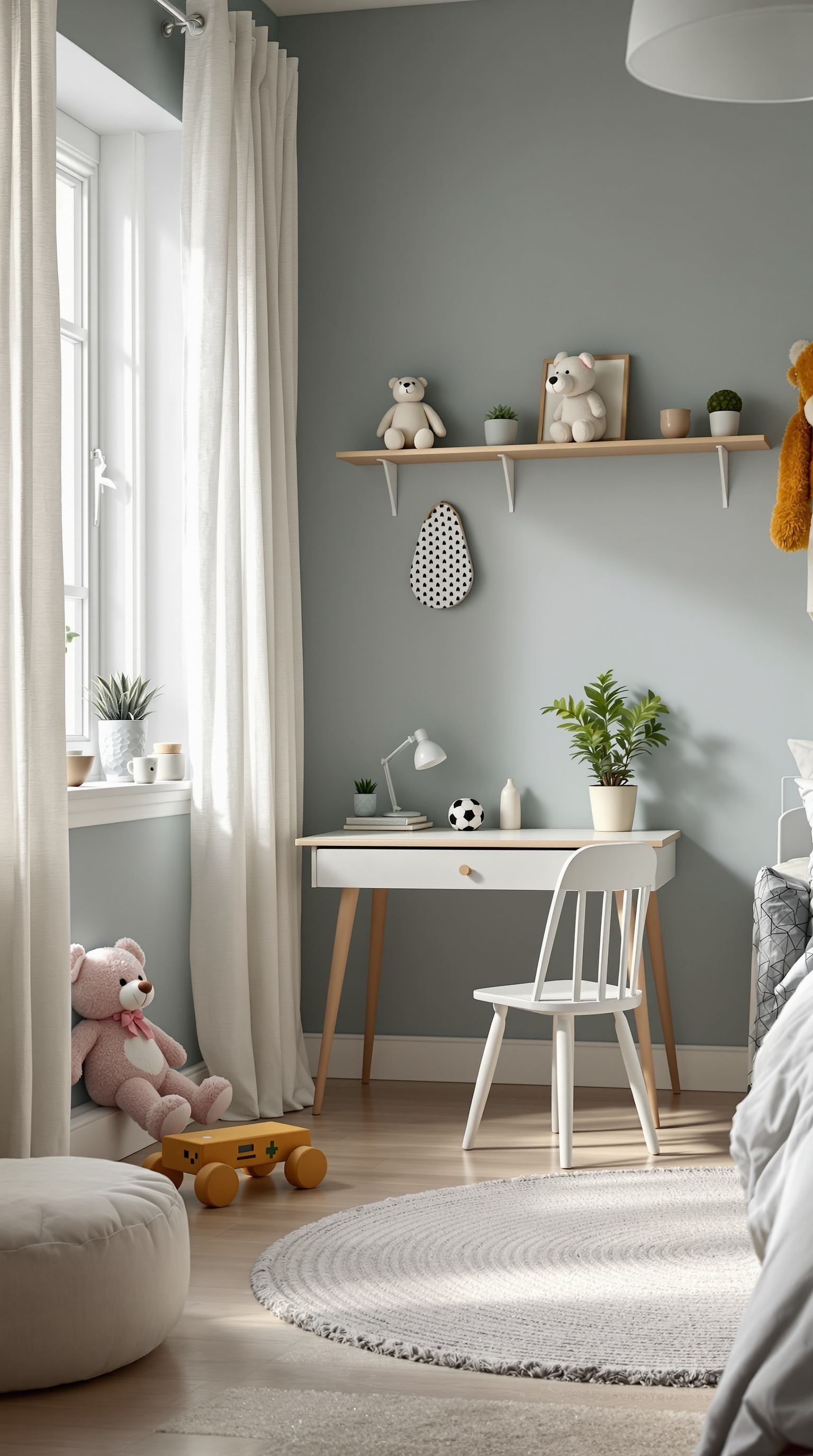 A stylish kids' room featuring a desk, chair, shelf with toys, and a cozy rug.