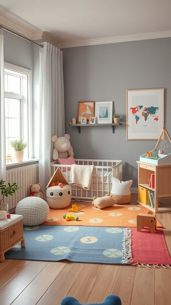A small nursery with a crib, colorful rugs, and playful decor.