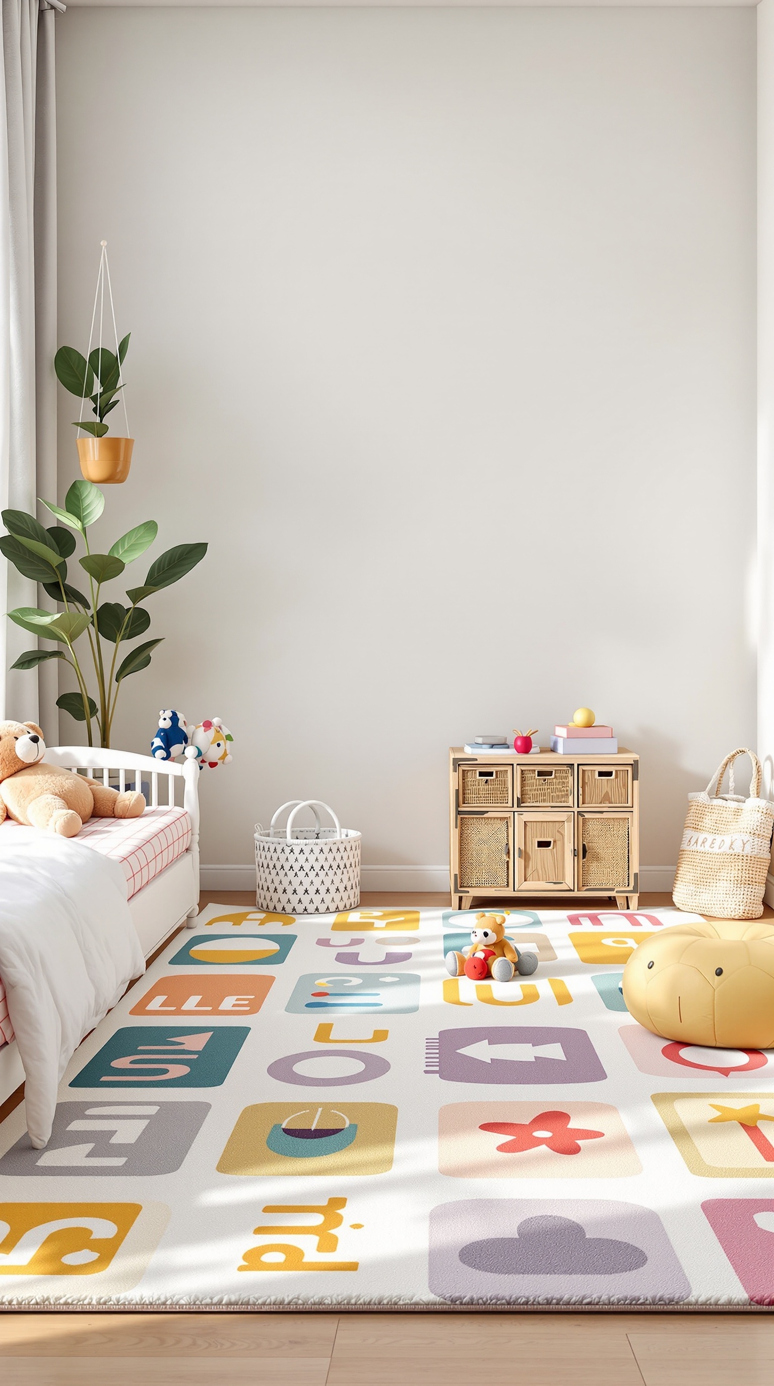 A colorful rug with letters and shapes in a small kids room, featuring a bed, toys, and storage.