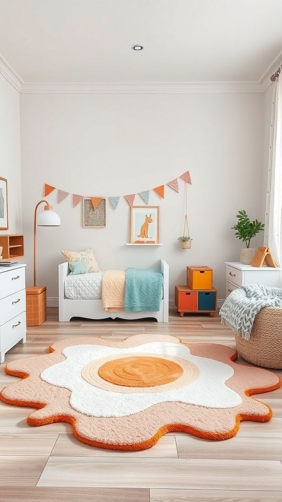 A colorful egg-shaped rug in a small kids bedroom with light walls and playful decor.