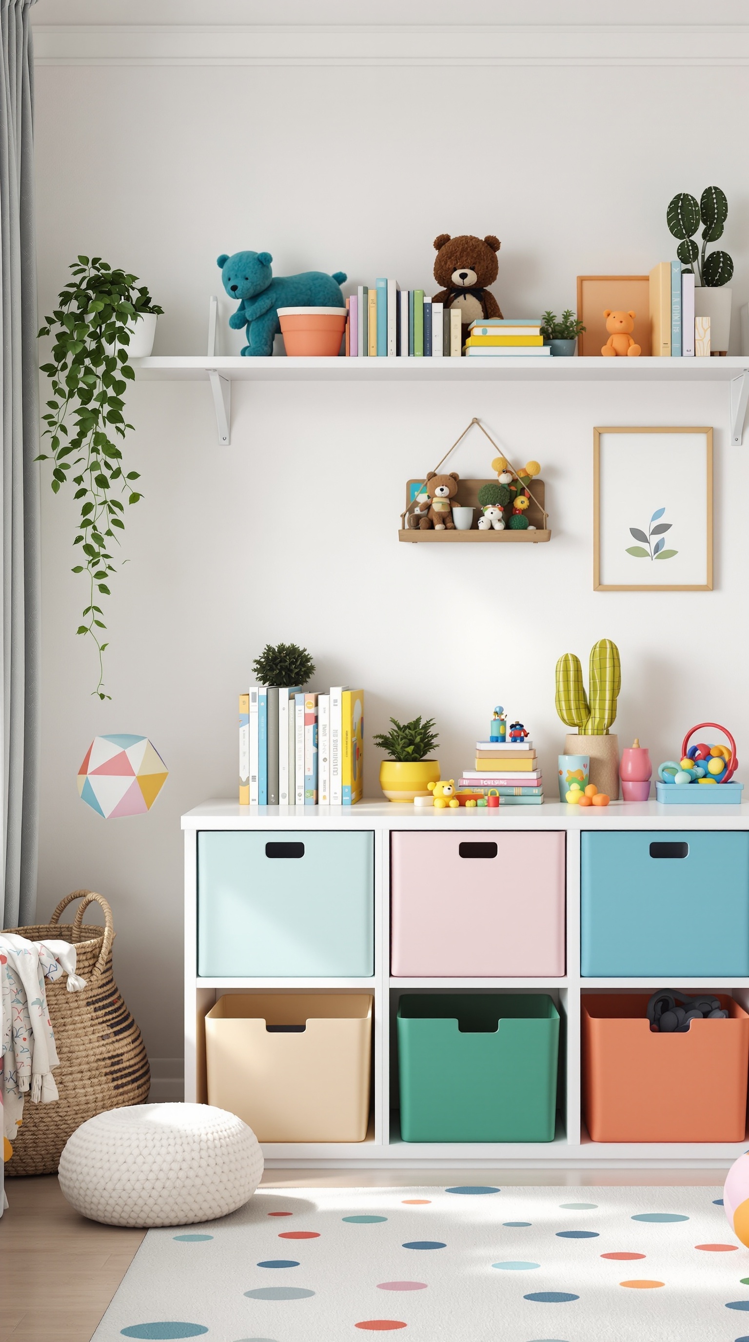 A colorful kids room with playful storage solutions including bins and shelves filled with toys and books.
