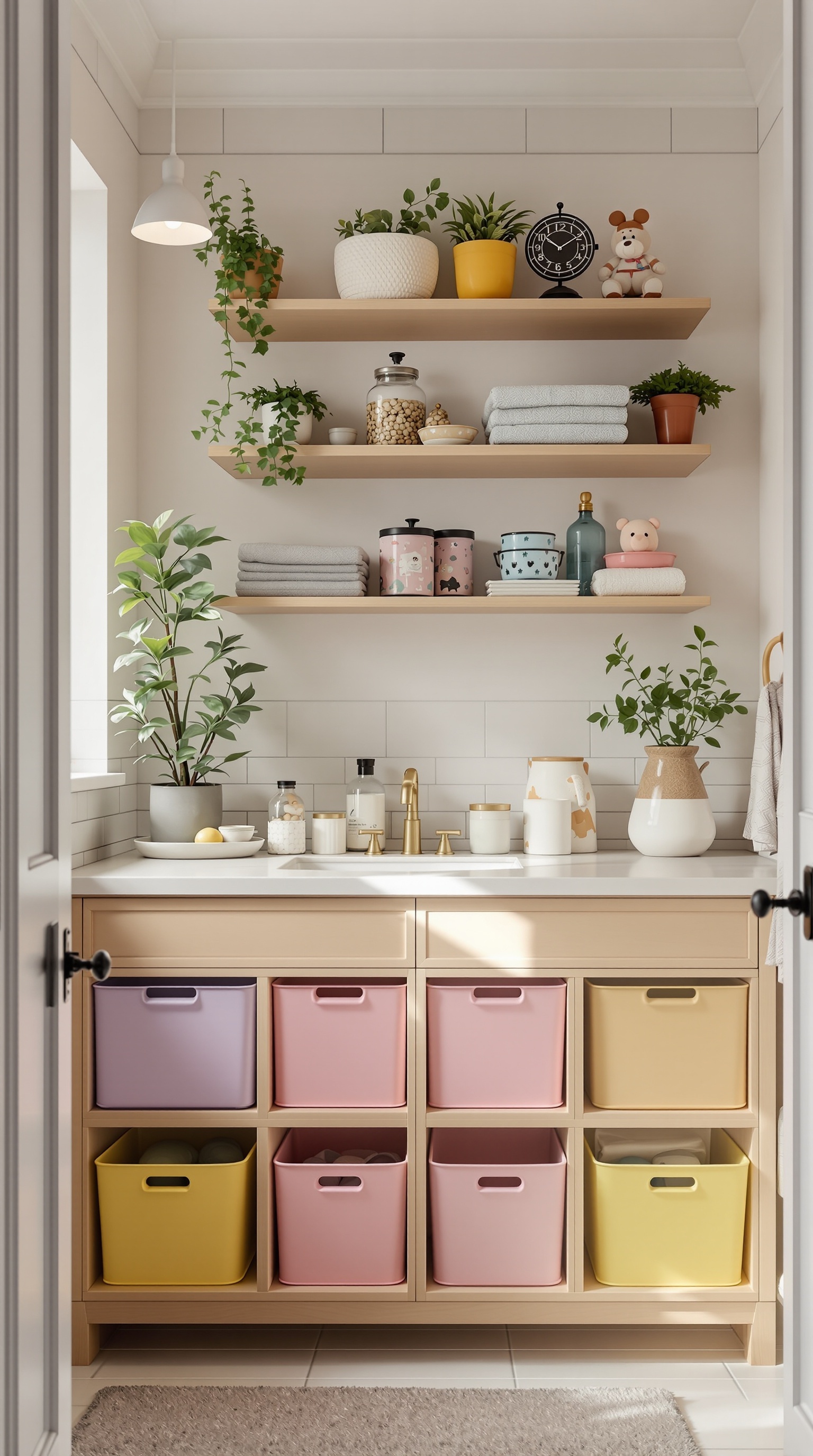 A colorful kids bathroom with storage bins, open shelves, and plants.