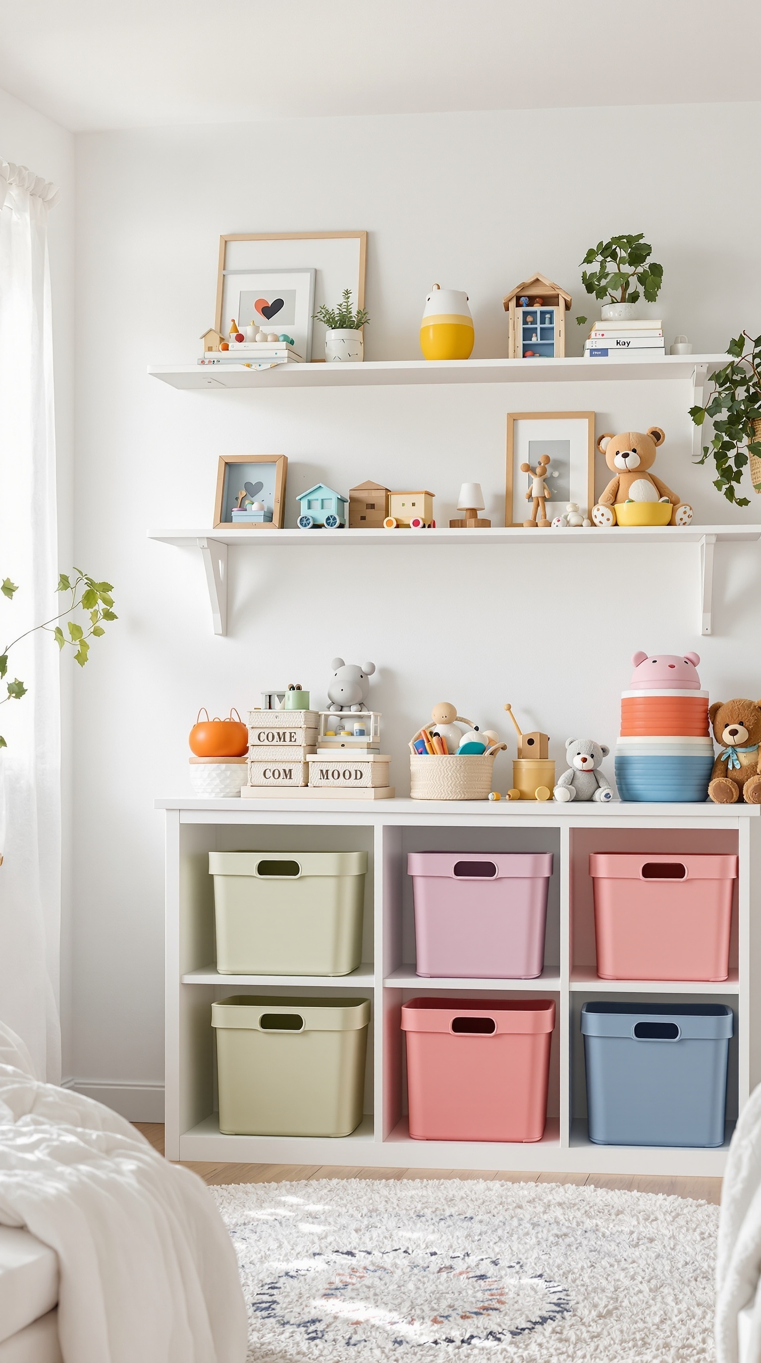 Colorful storage solutions in a toddler's room with shelves and bins.