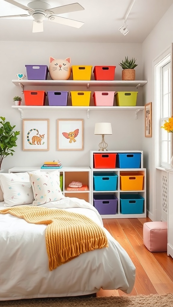 A whimsical bedroom featuring colorful storage bins, a cat-shaped pillow, and a cozy bed with a yellow blanket.